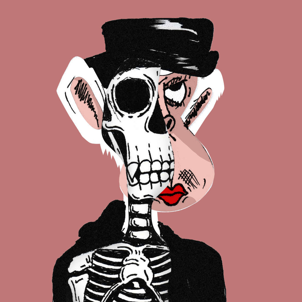 Sketchy Ape in a black hat, face split between a skull and a portrait