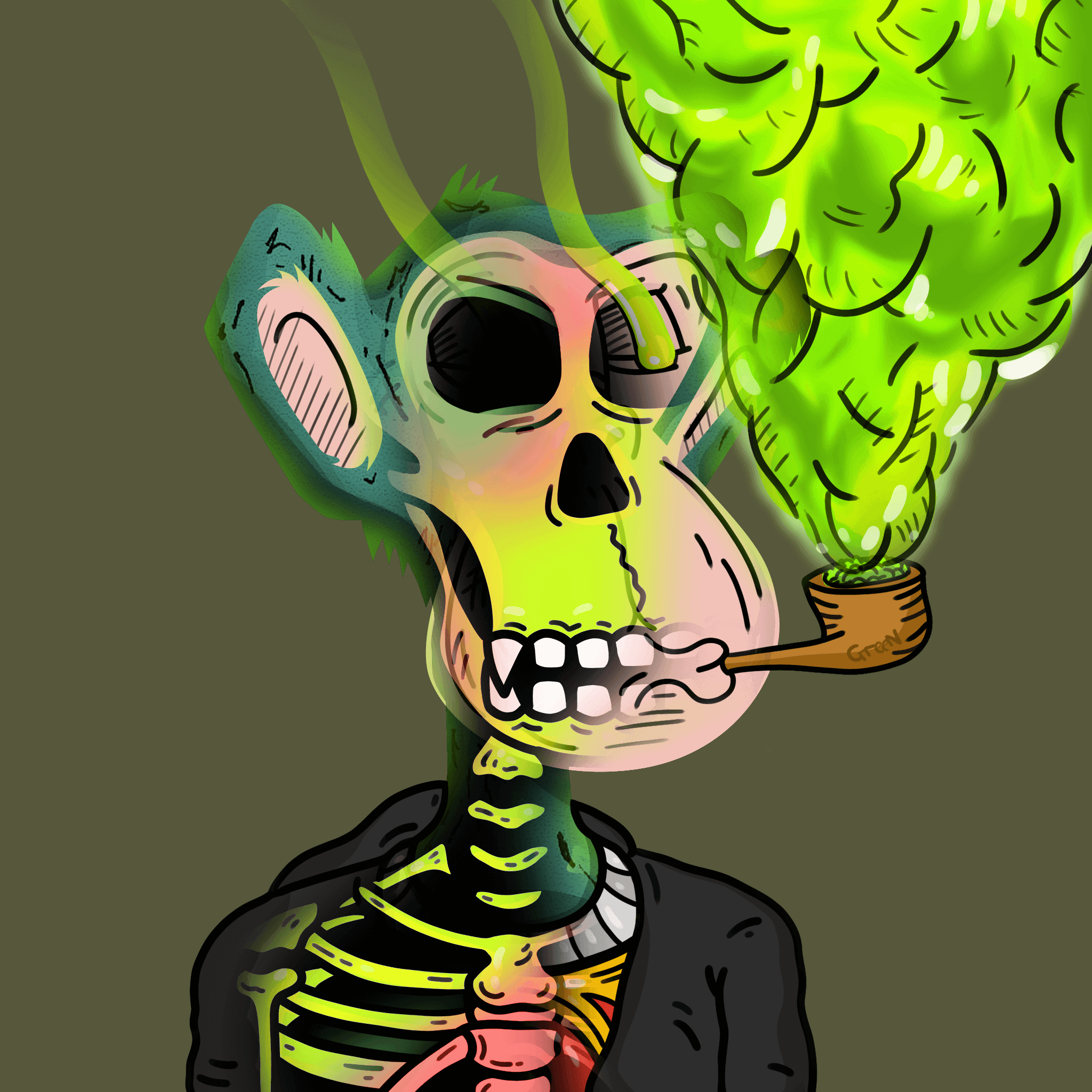 Sketchy Ape exhaling a green cloud from a pipe